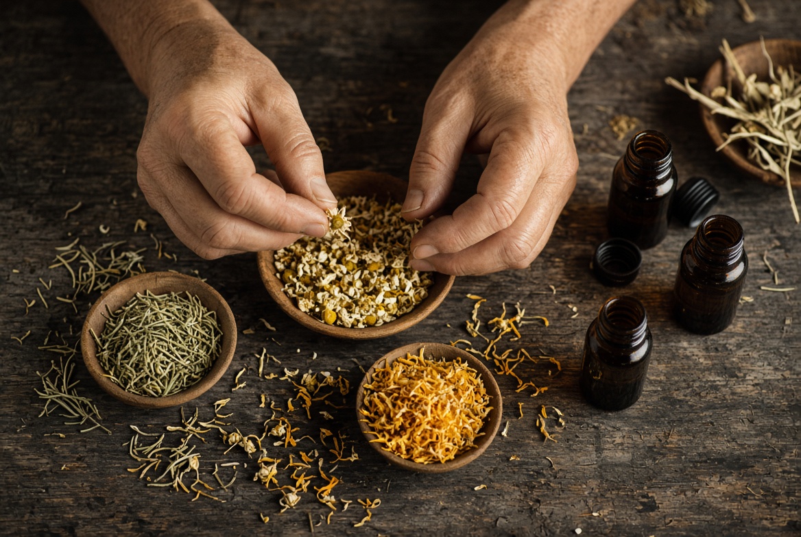 Hands preparing herbs