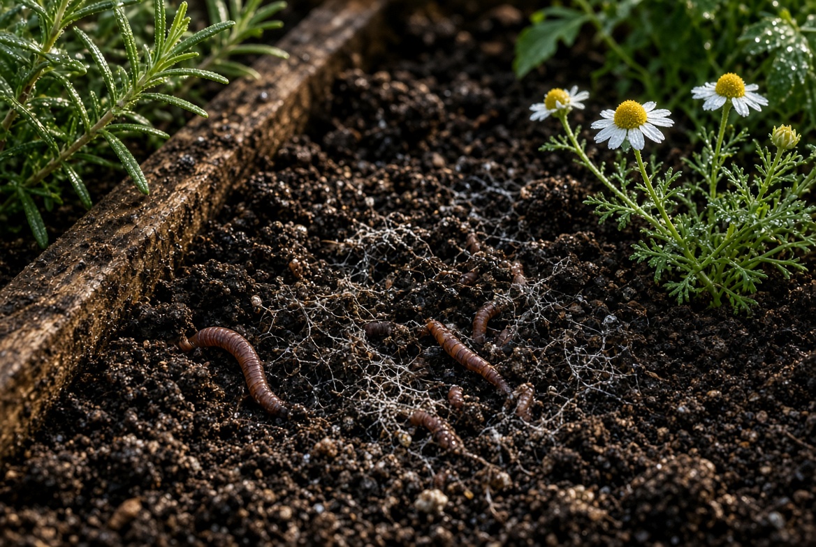 Living soil with mycelium and chamomile